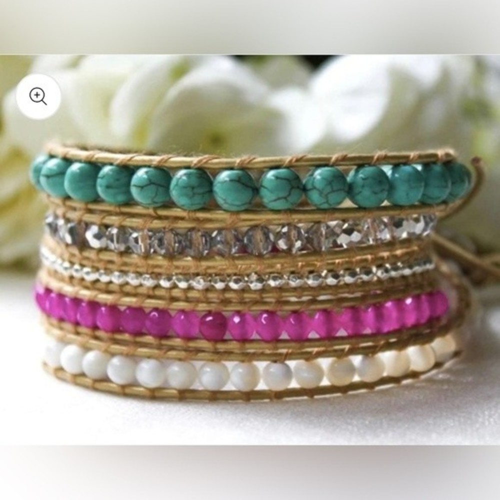 Beaded wrap bracelet in turquoise pink white and silver